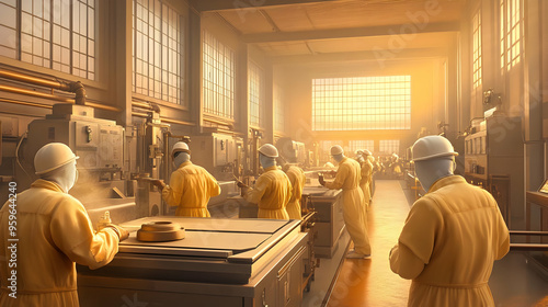 Workers in protective gear ...