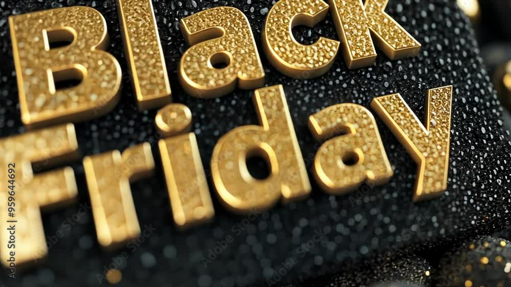 Glittering gold Black Friday text on a shimmering black background, symbolizing major retail sales, Thanksgiving shopping events, and holiday discounts Glittering gold Black Friday text on a shimmering black background, symbolizing major retail sales, Thanksgiving shopping events, and holiday discounts