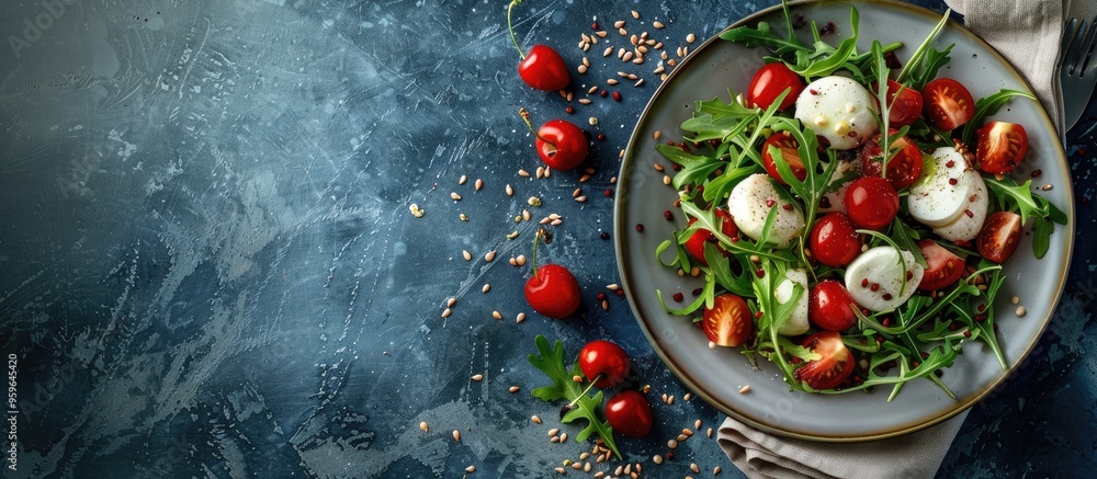 Salad featuring mozzarella cherry arugula and seeds on a plate with a napkin on a textured surface. Copy space image. Place for adding text and design Salad featuring mozzarella cherry arugula and seeds on a plate with a napkin on a textured surface. Copy space image. Place for adding text and design