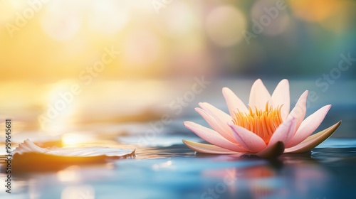 A vibrant lotus flower in full bloom, resting on tranquil water under a soft sunrise glow, in a detailed, photorealistic style.