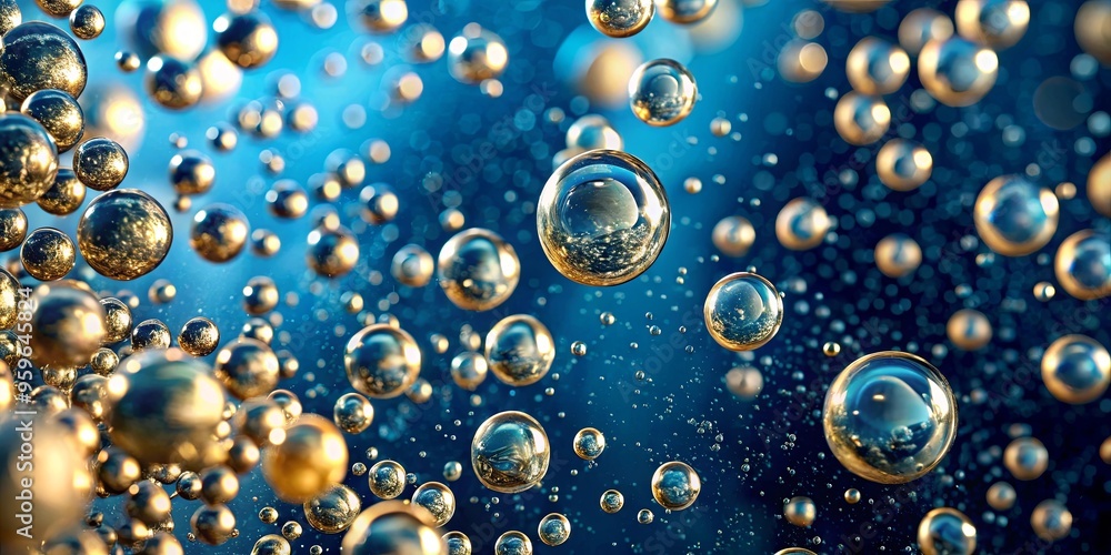 Close-up of water bubbles on blue background with golden specks