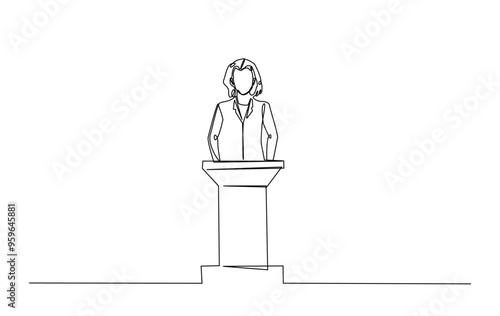 One continuous line drawing businesswoman speaking at the podium. Female politician speaking  in single line illustration.