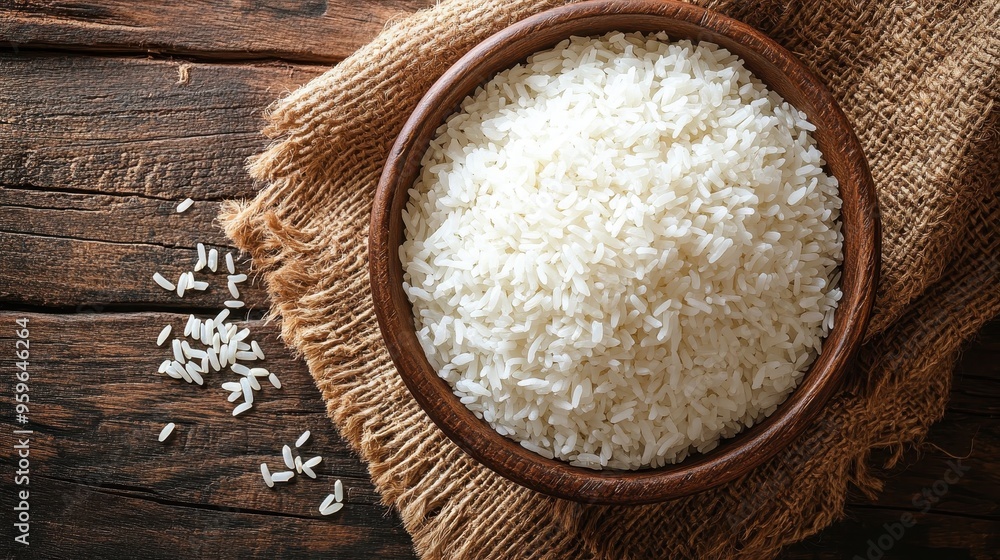 Top view of a bowl of white rice on a rustic wooden background, simple and clean food photography with a minimalist style.
Top view of a bowl of white rice on a rustic wooden background, simple and clean food photography with a minimalist style.