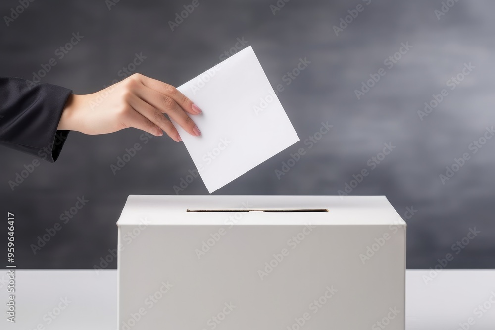 A voter's hand places a ballot into a ballot box in an election. A voter's hand places a ballot into a ballot box in an election.