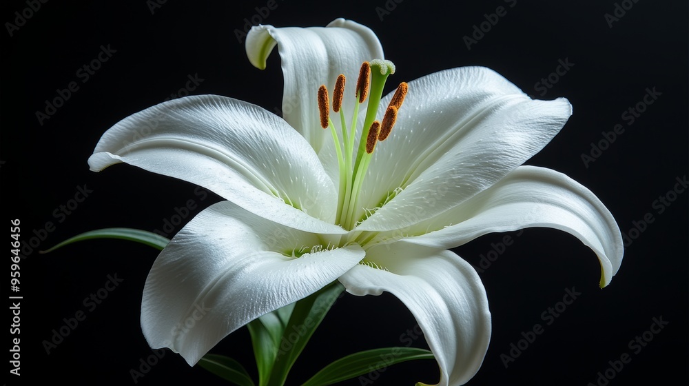 Fototapeta premium Close-up of a white lily in full bloom, elegant petals softly illuminated, against a deep black background, minimalistic, ultra-realistic, high contrast, perfect for purity or wedding themes.