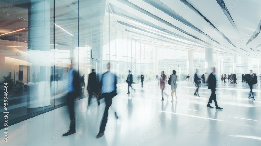 Silhouettes of people in business suits in a large light glass building. Blurred movement of rushing businessmen, managers in a modern office, business center, airport, train station. Silhouettes of people in business suits in a large light glass building. Blurred movement of rushing businessmen, managers in a modern office, business center, airport, train station.