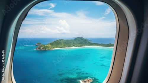 View from an airplane window to a tropical island with sandy beaches in a blue ocean against a blue daytime sky.