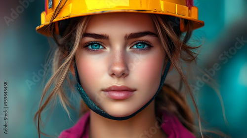 Young woman in a hard hat w...