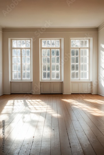 Bright Sunlit Room with Large Windows and Wooden Floor in Minimalist Interior Design