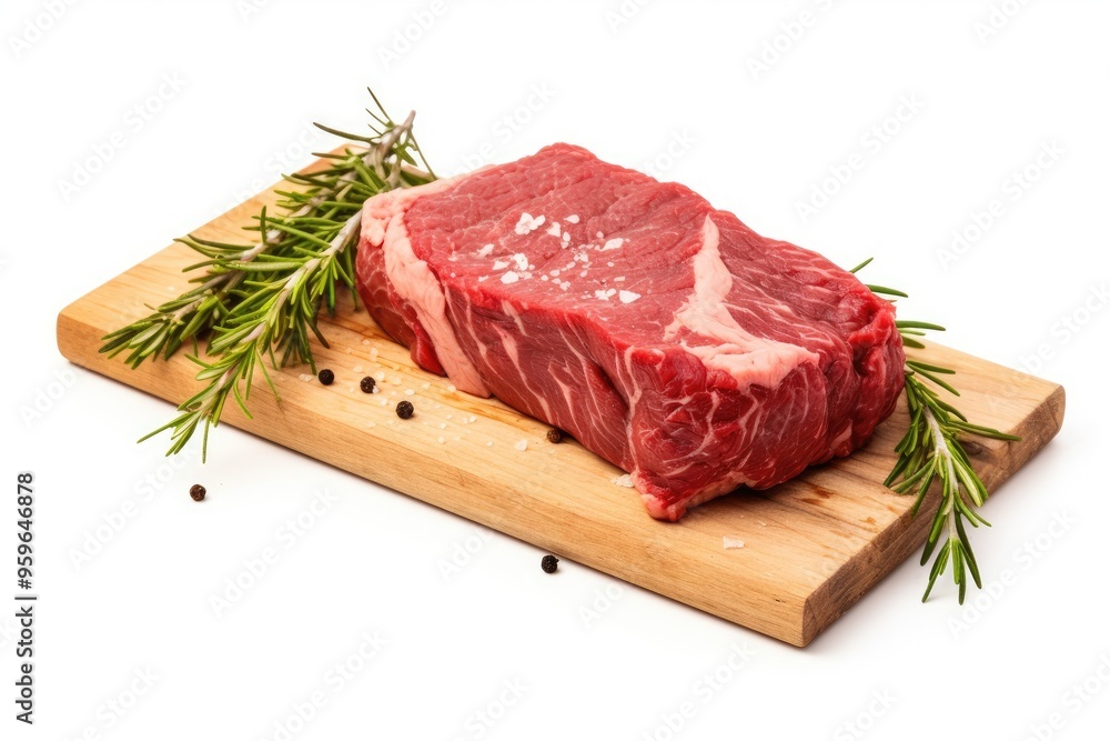 A large piece of fresh juicy red meat with streaks of fat is decorated with herbs and spices on a clean white background A large piece of fresh juicy red meat with streaks of fat is decorated with herbs and spices on a clean white background