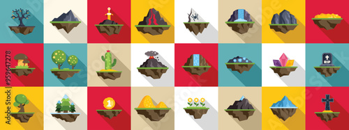 Floating game island icons set. Collection of various landscapes floating on air, perfect for a game developer