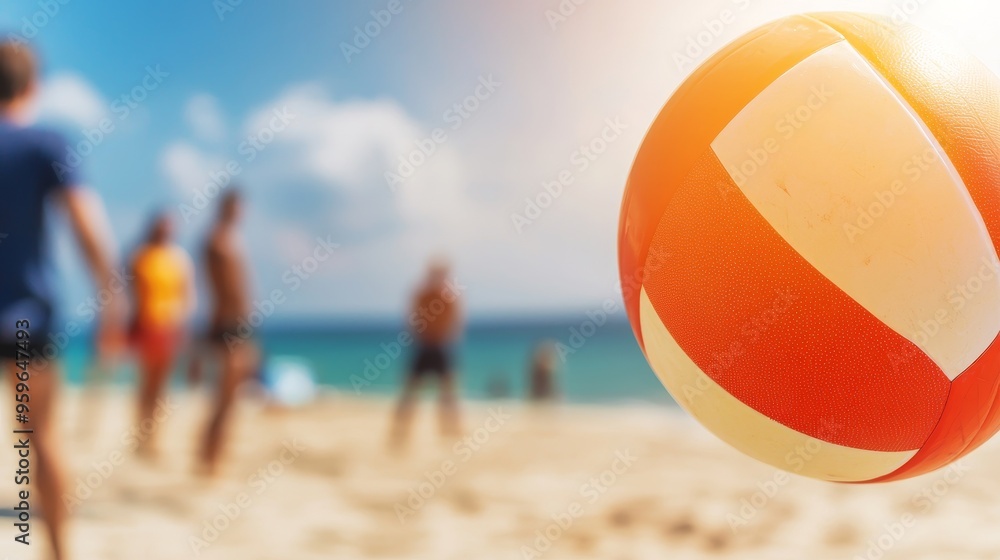 beach volleyball fun - close up of orange and white beach volleyball with blurry friends in background. beach volleyball fun - close up of orange and white beach volleyball with blurry friends in background.