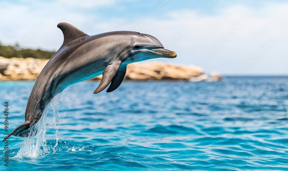Fototapeta premium playful dolphin leaping from the water with a blue sky and calm ocean background in the mediterranean sea.