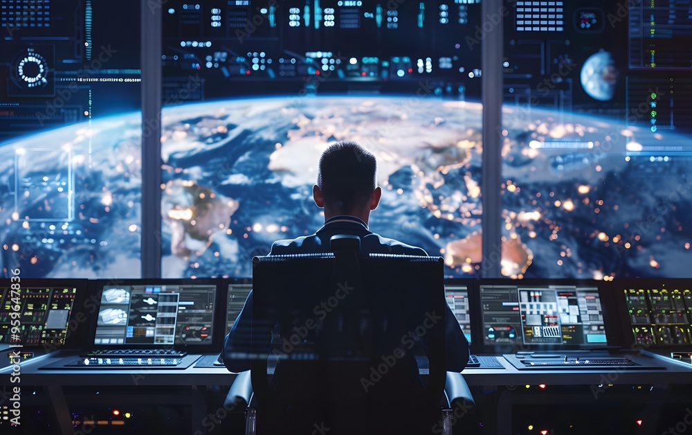 Person sitting at control station observing Earth from space, working with advanced technology and data systems. Person sitting at control station observing Earth from space, working with advanced technology and data systems.