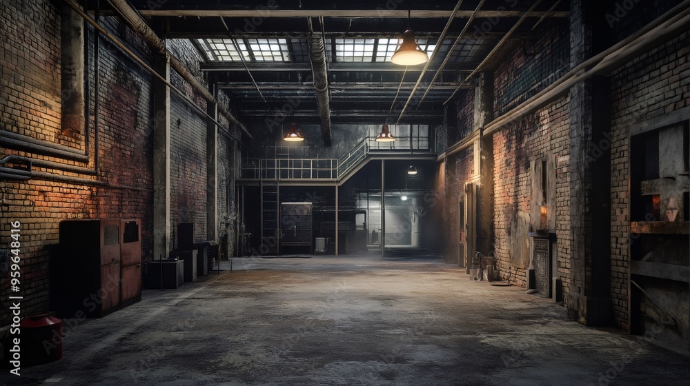 Dark, industrial hallway with brick walls, a metal staircase, and a few light fixtures. Dark, industrial hallway with brick walls, a metal staircase, and a few light fixtures.