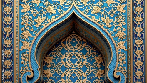Intricate Islamic Geometric Arch with Gold and Blue Patterns