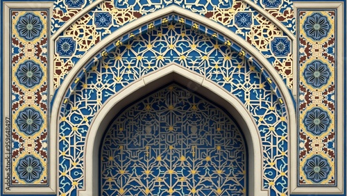 Intricate Islamic Geometric Arch with Gold and Blue Patterns