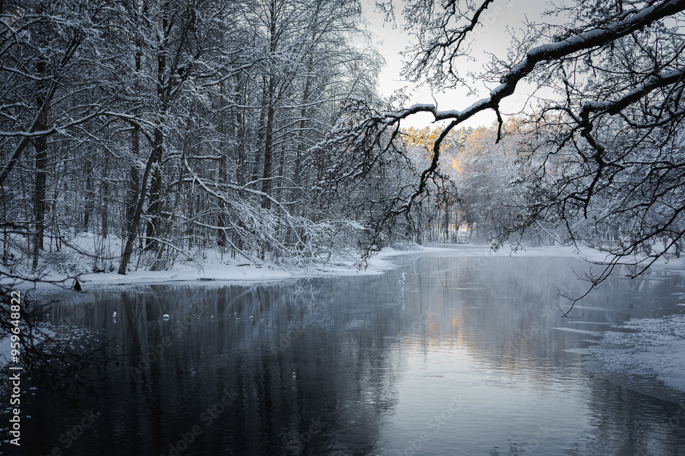 Fototapeta premium winter landscape with a river in Fiskars, Finland