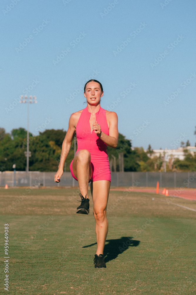 Female track athlete doing drills on grass Female track athlete doing drills on grass