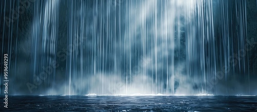 A curtain created by cascading water illuminated by light and a halo from behind. Copy space image. Place for adding text and design