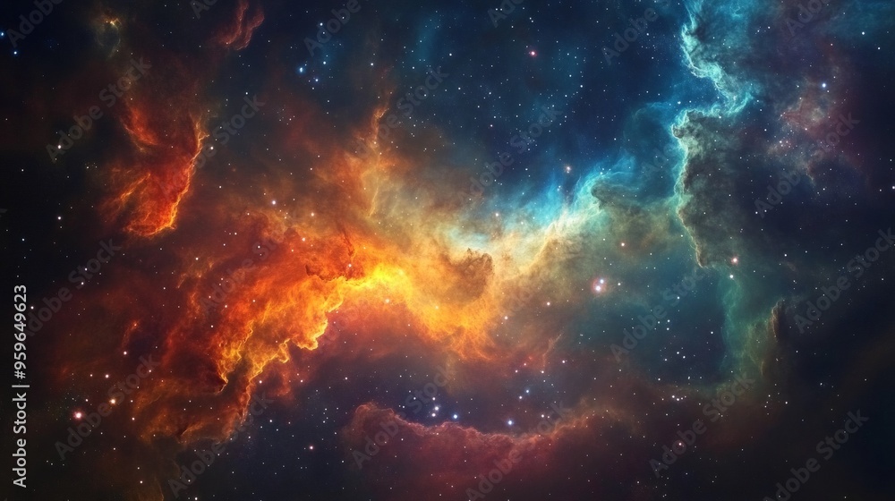 Naklejka premium A vibrant nebula with orange and blue gas clouds and scattered stars in the night sky.