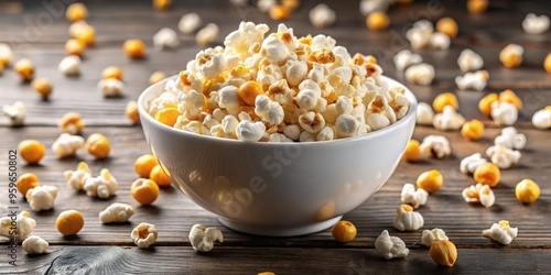 A photo image of a bowl of freshly popped popcorn kernels in various shapes and sizes, white and yellow, with some scattered on the table.