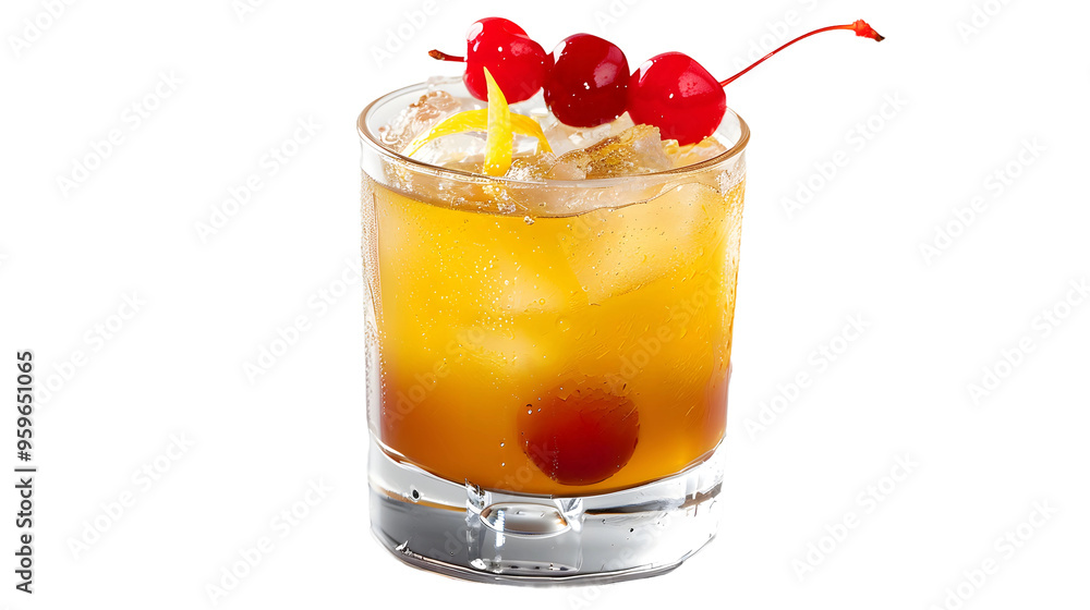 Refreshing New York Whiskey Sour Cocktail with Ice Cubes and Cherry Garnish, transparent background Refreshing New York Whiskey Sour Cocktail with Ice Cubes and Cherry Garnish, transparent background