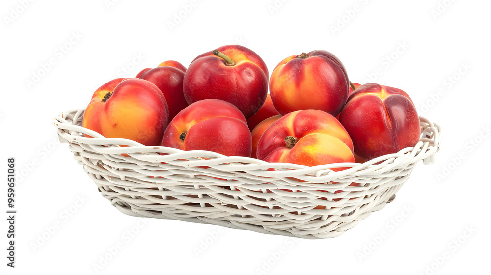 Fresh Nectarines in a White Wicker Basket - Summer Fruit Harvest Concept, transparent background Fresh Nectarines in a White Wicker Basket - Summer Fruit Harvest Concept, transparent background