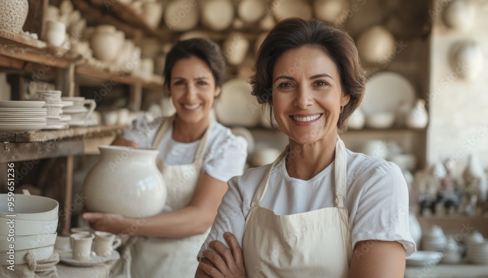 Empowering Entrepreneurship: Cheerful Female Business Owner Smiles at Camera in Ceramic Shop. Live-streaming Success Story Showcases Cultural Inclusivity, Small Business Innovation, and Creative Freed Empowering Entrepreneurship: Cheerful Female Business Owner Smiles at Camera in Ceramic Shop. Live-streaming Success Story Showcases Cultural Inclusivity, Small Business Innovation, and Creative Freed
