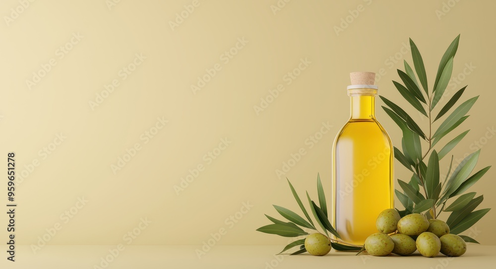 A bottle of olive oil accompanied by olives and leaves against a soft yellow background, perfect for culinary and lifestyle themes. A bottle of olive oil accompanied by olives and leaves against a soft yellow background, perfect for culinary and lifestyle themes.