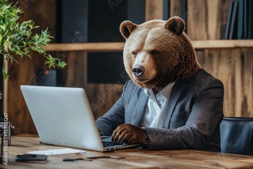 A man with a bear's head works on a laptop. A businessman with a bear's head. A bear crypto investor works on a computer.