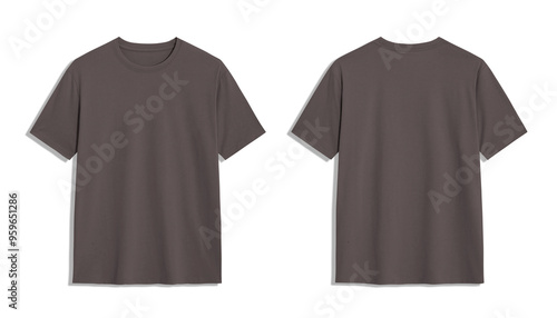 Mockup of a charcoal gray t shirt isolated on a white background. Front and back view.