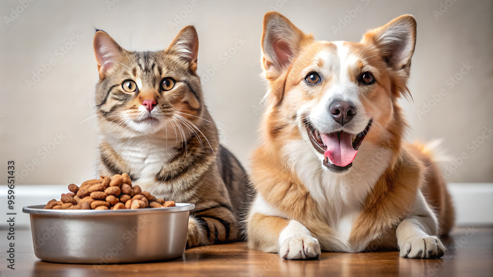 A cute dog and cat looking at the camera, dog food around them. This is an advertising image. A cute dog and cat looking at the camera, dog food around them. This is an advertising image.