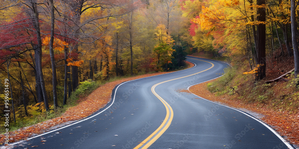 Fototapeta premium Landscape a winding road snaking through a vibrant autumn forest. 