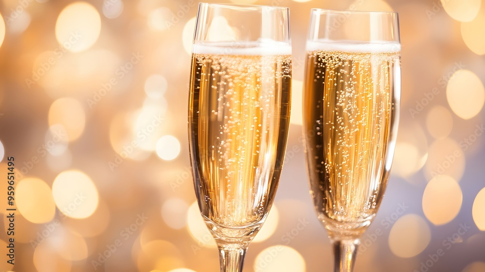 Close-up of champagne glasses clinking during a glamorous party celebration Close-up of champagne glasses clinking during a glamorous party celebration