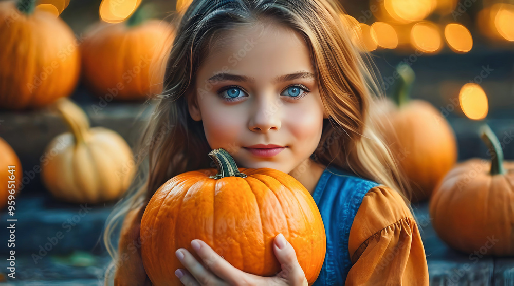 Halloween portrait of beautiful young girl with blue eyes holding pumpkin, nature background, fashion, festive people