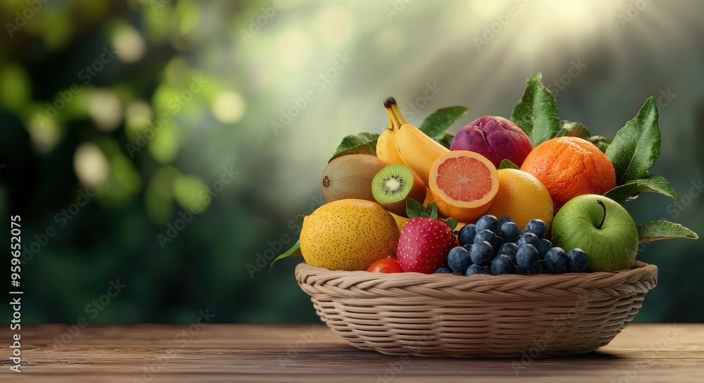 A vibrant basket filled with assorted fresh fruits, showcasing colors and textures, perfect for health and nutrition themes. A vibrant basket filled with assorted fresh fruits, showcasing colors and textures, perfect for health and nutrition themes.