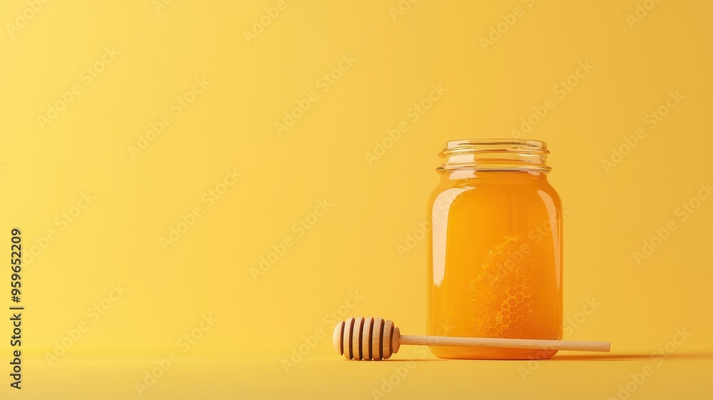 A vibrant jar of honey with a wooden dipper, set against a bright yellow background, perfect for food-related themes. A vibrant jar of honey with a wooden dipper, set against a bright yellow background, perfect for food-related themes.