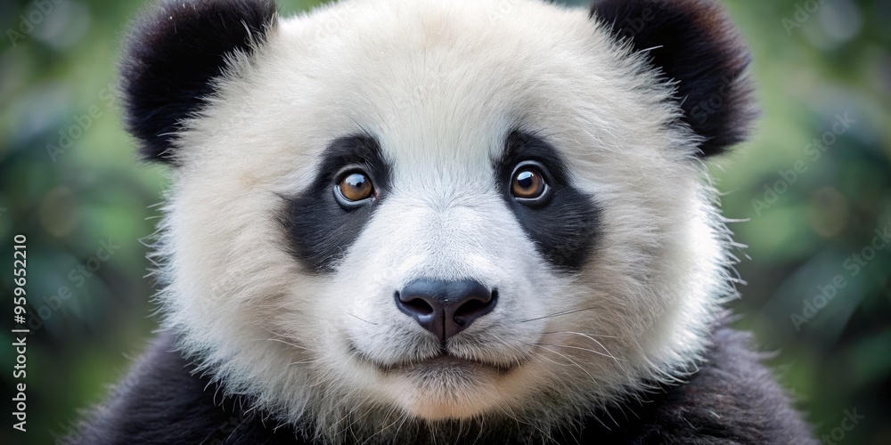 Obraz premium A photo image of a cute and fluffy panda bear's face with big eyes and black and white fur.