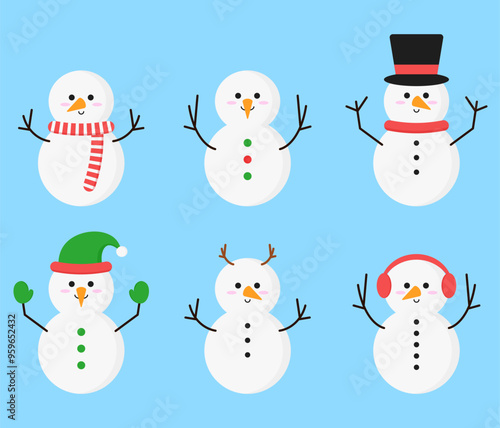 Set of snowman winter christmas decoration flat illustration clipart 