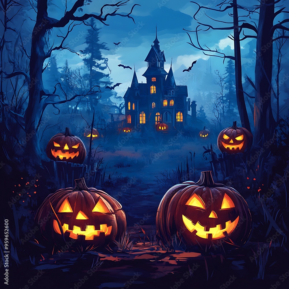Haunted House and Glowing Jack-O'-Lantern on a Mystical Halloween Night, Eerie Glow: Jack-O'-Lantern and Haunted House on Halloween, Spooky Forest Night:, A Haunted Night, Mystical Halloween Eve Haunted House and Glowing Jack-O'-Lantern on a Mystical Halloween Night, Eerie Glow: Jack-O'-Lantern and Haunted House on Halloween, Spooky Forest Night:, A Haunted Night, Mystical Halloween Eve