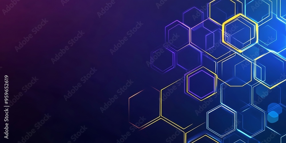 Abstract background with blue and purple hexagons in a flat design style, vector illustration with yellow lines on a dark navy blue background, simple geometric shapes for a technology or business Abstract background with blue and purple hexagons in a flat design style, vector illustration with yellow lines on a dark navy blue background, simple geometric shapes for a technology or business
