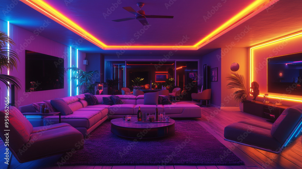 A large living room with bright neon lights. A comfy couch sits in the middle, surrounded by armchairs and a small table with drinks. A large living room with bright neon lights. A comfy couch sits in the middle, surrounded by armchairs and a small table with drinks.