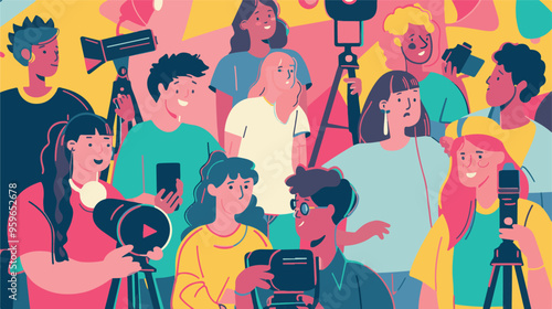 
people are talking on a podcast, sitting at a table, asking each other questions, each talking into a microphone white background