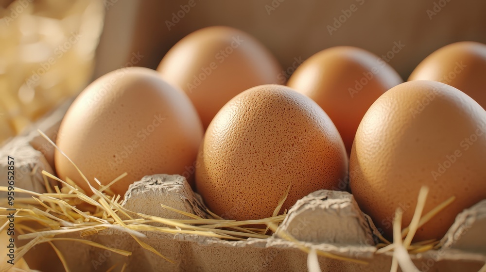 Fresh brown eggs arranged in an egg carton, surrounded by straw, showcasing natural farm products for culinary use. Fresh brown eggs arranged in an egg carton, surrounded by straw, showcasing natural farm products for culinary use.