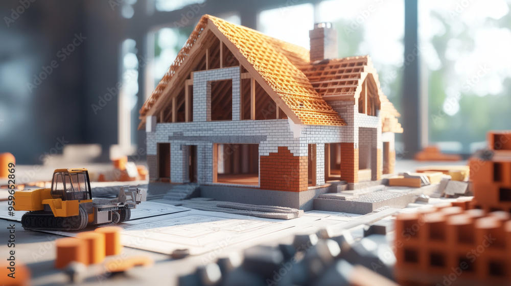A house being built, with bricks and plans visible. A house being built, with bricks and plans visible.