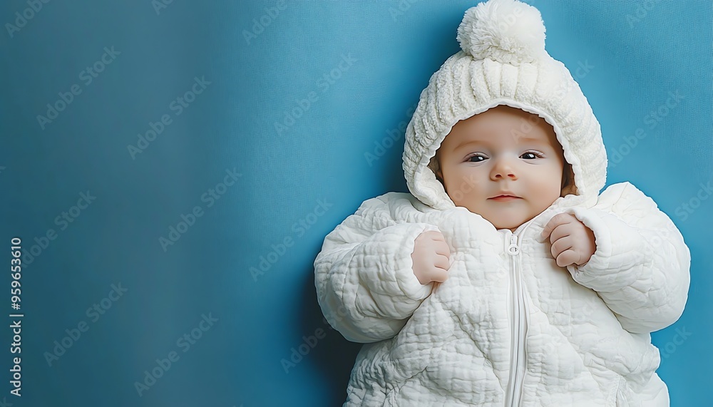 A Baby in a White Winter Outfit on a Blue Background A Baby in a White Winter Outfit on a Blue Background
