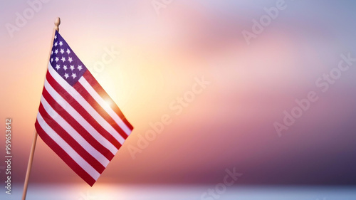 Patriotic American Flag Waving on Sunset Background for Memorial Day, 4th of July, Labor Day, and Independence Day Celebrations