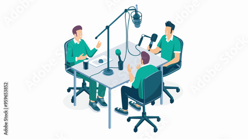 
people are talking on a podcast, sitting at a table, asking each other questions, each talking into a microphone white background