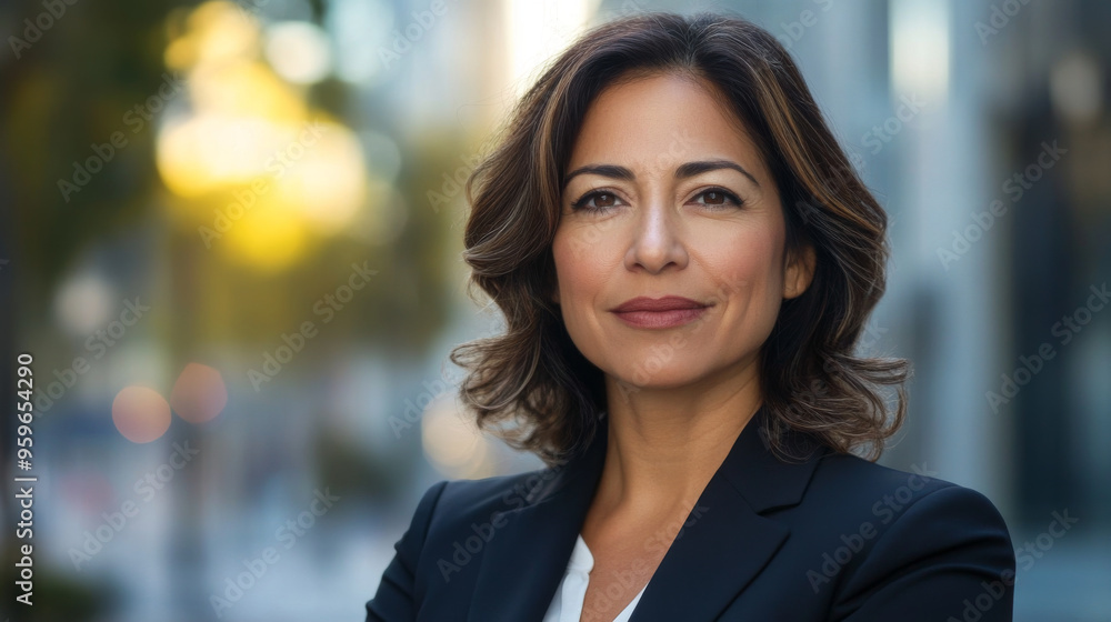 Portrait of a mature middle-aged hispanic latina woman in suit outdoors with a blurry business center in backdrop Portrait of a mature middle-aged hispanic latina woman in suit outdoors with a blurry business center in backdrop